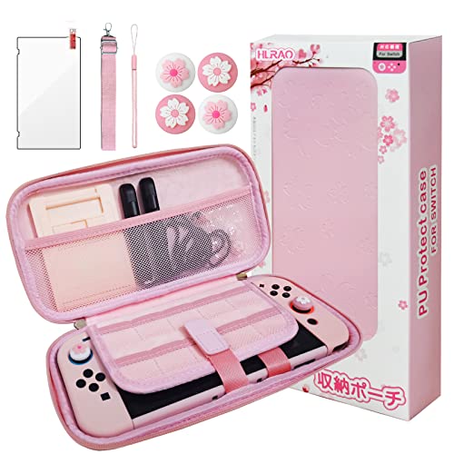 HLRAO Pink Bag Compatible with Nintendo Switch(NOT OLED/Lite), Sakura-Design Shell, Solid Portable Storage Bag, Shockproof, with HD Glass Screen Protector, and 4 Sakura Thumb Grip Caps.