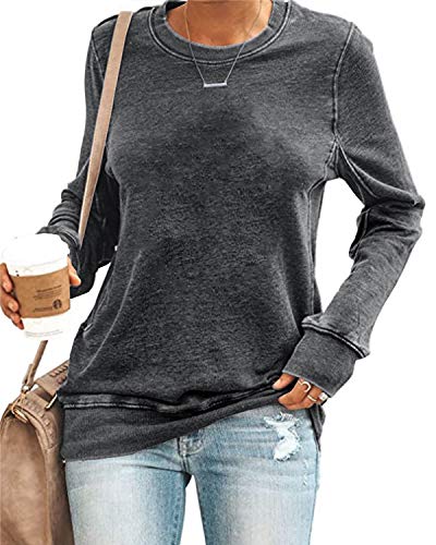 SENSERISE Womens Casual Crewneck Sweatshirt Long Sleeve Solid Color Shirt Soft Lightweight Loose Top(Solid Grey,S)