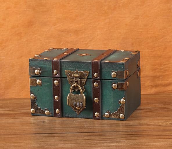 GorinsKani Wooden treasure chest with lock Vintage Treasure Chest Box, Pirate Keepsakes Box for Gifts, Wooden Treasure Storage Box Decorative Box for Jewelry Pearl Trinkets (Emerald M)