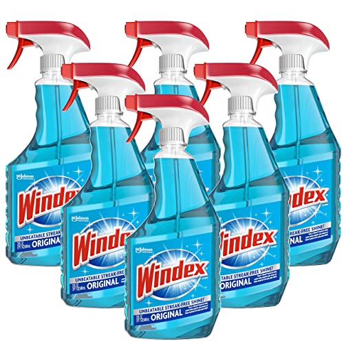 Windex Glass Cleaner Spray, Original Blue Window Cleaner Works on Smudges and Fingerprints, Bottle Made from 100% Recovered Coastal Plastic, 23 Fl Oz, Pack of 6