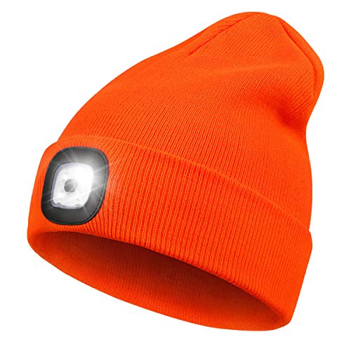 LED Beanie with Light,Unisex USB Rechargeable Hands Free 4 LED Headlamp Cap Winter Knitted Night Lighted Hat Flashlight Women Men Gifts for Dad Him Husband Orange
