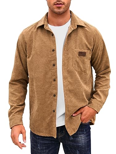 Comdecevis Men's Corduroy Button Down Shirt Casual Shirt Long Sleeve Shacket Tops Jacket with Single Pocket Brown Large