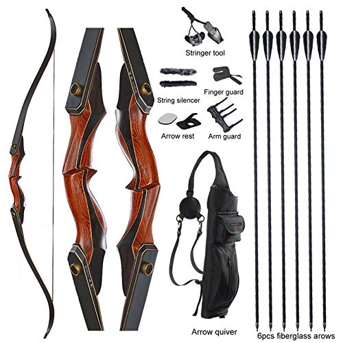 TOPARCHERY Archery 60' Takedown Hunting Recurve Bow and Arrow Set for Adults Practice Competition Longbow Kit 30-50lbs with 6pcs Arrows Right Hand Black