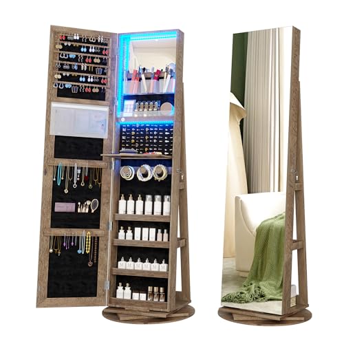 Vlsrka LED Light Jewelry Cabinet with Full Length Mirror 360° Swivel, Large Jewelry Organizer Armoire Lockable Free Standing Mirror with Jewelry Storage, Inside Makeup Mirror, Foldable Makeup Shelf