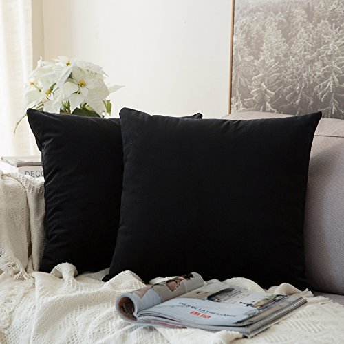 MIULEE Pack of 2 Velvet Soft Solid Decorative Square Throw Pillow Covers Set Cushion Case for Sofa Bedroom Car 16 x 16 Inch 40 x 40 Cm Black