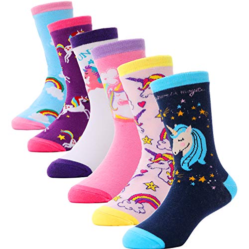 ANTSANG Children Cotton Crew Socks for Girl Boy Kids Toddler Gift Fashion Cute Cartoon Animal Stocking Stuffer Unicorn Socks 6 Pack (Unicorn-I, 5-8 Years Old)