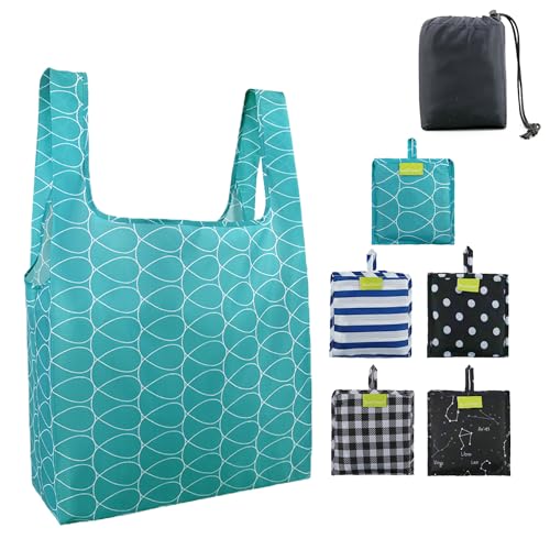 Reusable Shopping Bags Grocery Tote Bags Foldable into Attached Pouch, Ripstop Reusable Gift Bags, Washable, Durable and Lightweight (Classic Pattern 5 Pack) …