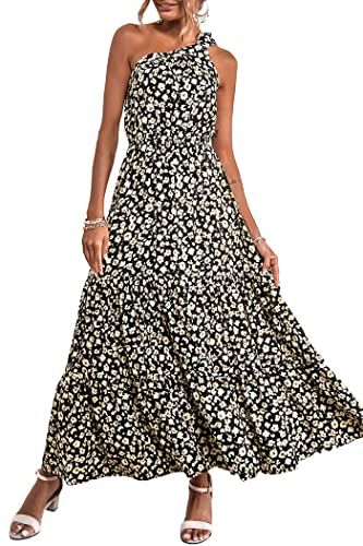 PRETTYGARDEN Women's Floral Maxi Dress 2023 Knot One Shoulder Sleeveless Ruffle Hem Flowy Boho Dresses(Black,X-Large)