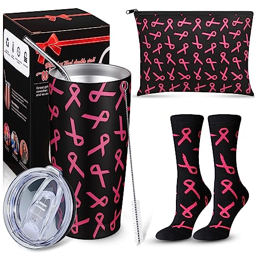 Patelai Breast Cancer Survivor Gifts Breast Cancer Awareness Tumbler Engraved with Hope Strength Cure Inspirational Gift Cosmetic Pouch Makeup Bag and Breast Cancer Socks for Women (Black)