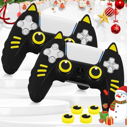 SIKEMAY 2 Pack Cat Paws PS5 Controller Skin Accessories Anti-Slip Silicone, Soft Thicken Protective Cover for Playstation 5 Dualsense Wireless Controller with 4 x Cute Thumb Grips - Black Yellow