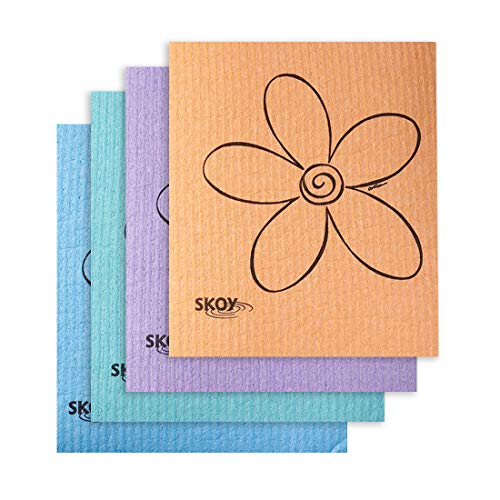 Skoy Cloth, 4-Pack Eco-Friendly and Reusable Swedish Dishcloth, for Kitchen and Household Use, Environmentally-Friendly, Dishwasher Safe, Plastic-Free Packaging, Assorted Colors