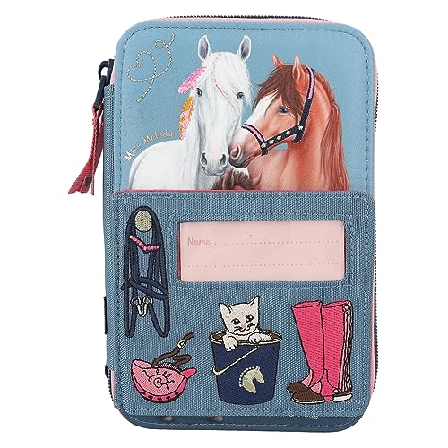 Depesche 12535 Miss Melody My Little Farm - Filled 3-Compartment Pencil Case with Embroidery Decorations and a Name Card Slot, Pencil Case with Colouring Pencils, Ruler, Scissors and Much More