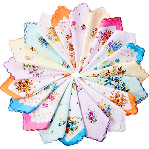 20 Pieces Handkerchiefs for Women Vintage Floral Print Soft Cotton Blend Colorful Embroidered Ladies Handkerchiefs