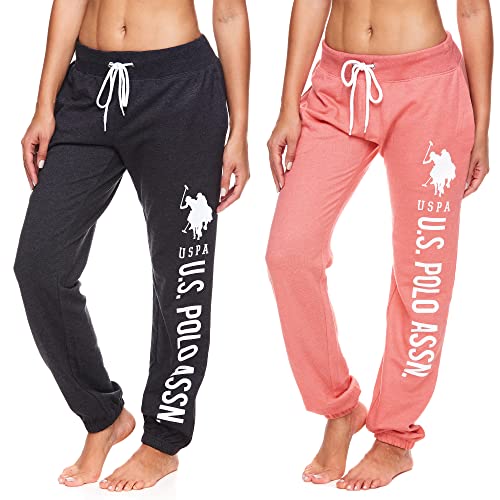 U.S. Polo Assn. Womens 2 Pack Printed French Terry Boyfriend Jogger Sweatpants (Coral Heather/Dark Charcoal Heather, Medium)