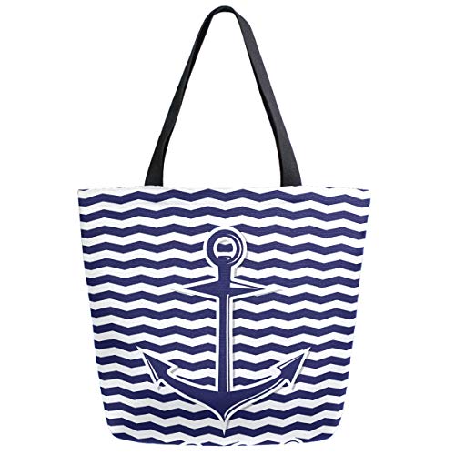 ZzWwR Chic Blue Nautical Anchors Stripes Pattern Extra Large Canvas Market Beach Travel Reusable Grocery Shopping Tote Bag Portable Storage HandBags