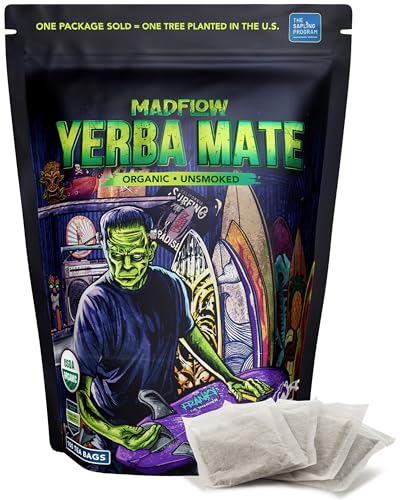 MADFLOW Yerba Mate Tea Bags (100 Mate Tea Bags). Organic & Unsmoked Yerba Mate Tea. One Tree Planted In The USA For Every Unit Sold. Resealable Packaging. Alternative to Yerba Mate Loose Leaf.