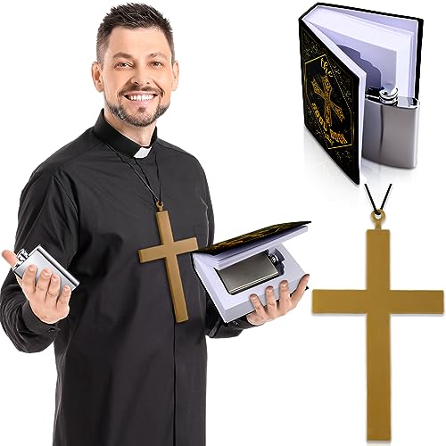 Hoolerry 3 Pcs Priest Costume Accessories for Men Priest Nun Large Plastic Gold Monk Cross Necklace Disguised Kettle 4 oz in a Book Hidden Kettle for Halloween Priest Cosplay Party