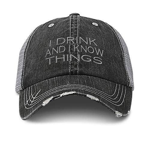 Speedy Pros Distressed Trucker Hat I Drink and Know Things Embroidery Cotton for Men & Women Black Gray
