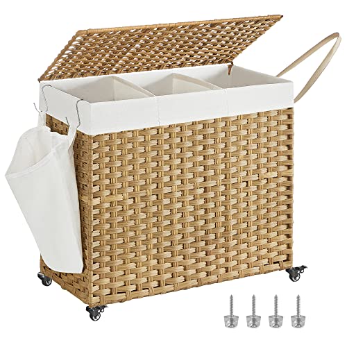 SONGMICS Laundry Hamper with Lid, 42.3 Gallon (160L), Rolling Laundry Basket with Wheels, 3-Section Synthetic Rattan Laundry Hamper, Removable Liner, Bedroom, 27.6x14.2x26 Inches, Natural ULCB365N01