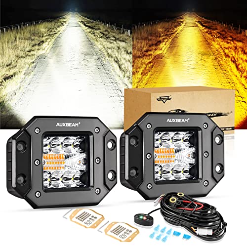 Auxbeam 5 Inch 72W Flush Mount LED Pod Lights 6 Modes Amber White LED Light Bar Flush Mount Fog Lights Amber Offroad Lights Grill Mounted Strobe Lights for Trucks Car ATV Jeep Bumper
