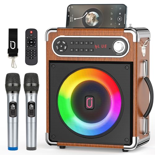 JYX Karaoke Machine with Two Wireless Microphones, Portable Bluetooth Speaker with Bass/Treble Adjustment, PA System with Remote Control, LED Lights,Supports TF Card/USB, AUX IN, FM, REC,TWS for Party