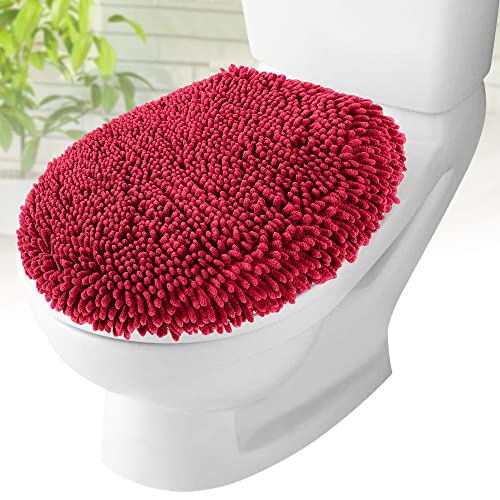 MAYSHINE Plush Shaggy Standard Toilet Seat Lid Cover (Red) | Fuzzy Chenille Microfiber, Fluffy Soft Absorbent - Machine Washable Cushion | No More Cold or Wet Seats