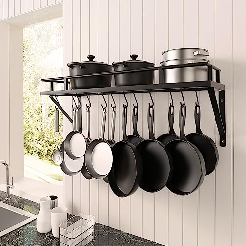 KES 30-Inch Kitchen Pan Pot Rack Wall Mounted Hanging Storage Organizer Wall Shelf with Hooks Matte Black, KUR215S75A-BK
