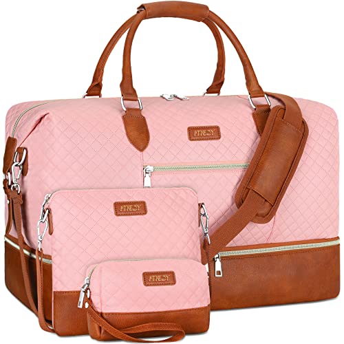 Weekender Bag for Women, Travel Duffel Bag Carry On Overnight Bag with Shoe Compartment Large Nylon Travel Tote Bag 21.5' with Toiletry Bag for Traveling Business Weekend Trip Gift 3Pcs Set (3-Pink)