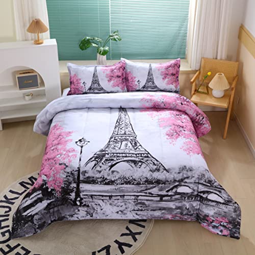 Suncloris Paris Style Comforter Set for Girls Teens, Queen Size France Eiffel Tower Bedroom Themed Bedding Comforter with 2 Romantic French Pink Flowers Patterned Pillowcases-90 x90(Queen, Grey)