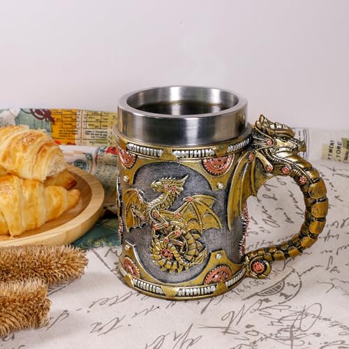 alikiki Medieval Steampunk Dragon Mug - Large Coffee Mug Mechanical Dragon D&D Gift for Men Father's Day Gifts - 21OZ Stainless Steel Party Gaming Mugs Beer Tankard
