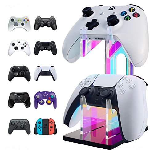 NiHome Iridescent Acrylic 2-Tier Universal Game Controller Headset Holder Stand for PS5 Xbox ONE Switch Colorful Controller Stand Gaming Accessories Anti-Slip Stable Acrylic Clear Headphone Holder