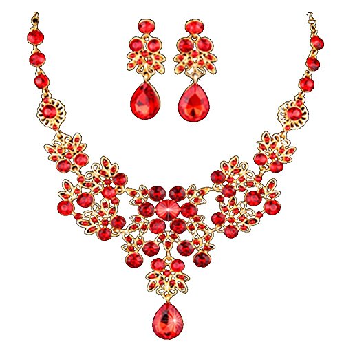 Dxhycc Silver Red Alloy Rhinestone Earrings Crystal Pendant Necklace Bridal Jewelry Set (Red)