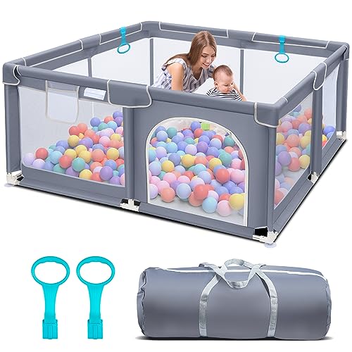 Suposeu Baby Playpen for Toddler, Large Baby Playard, Indoor & Outdoor Play Pens for Kids Activity Center, Sturdy Safety Baby Fence with Soft Breathable Mesh, Grey, 50”×50”
