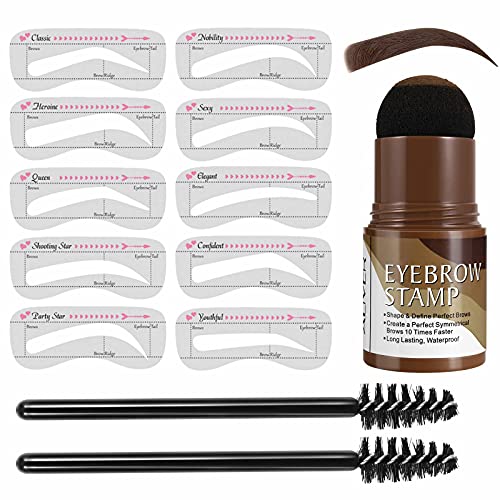 Eyebrow Definer Powder Stamp Makeup with 10 Reusable Stencils Long Lasting Waterproof for Perfect Brow (Dark Brown)