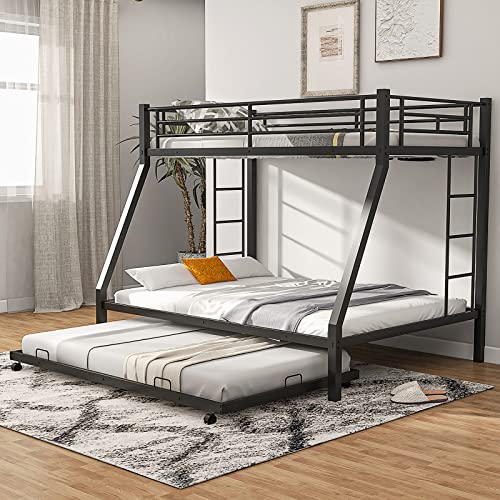 Giantex Twin Over Full Bunk Bed with Trundle, Heavy-Duty Metal Triple Bunk Beds w/Two Side Ladders & Safety Guard Rail, 3 in 1 Bunk Beds for Kids Teens, No Box Spring Needed, Black