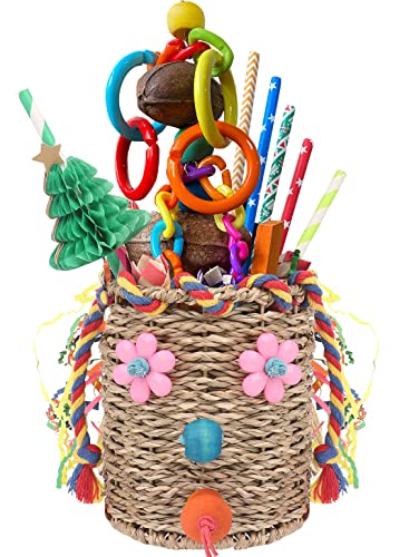 YIXUND Bird Toys,Seagrass Foraging Basket Bird Toy with Colorful Crinkly Paper Wooden Blocks Paper and Bamboo Fingers Nuts DIY Honeycomb Tree for Small Parrot Birds