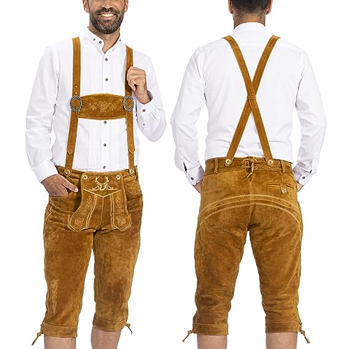 BAVARIA TRACHTEN Lederhosen Men - Genuine Leather Authentic German Lederhosen for Men - Bundhosen Men - Original Oktoberfest Costume/Outfit - Light Brown - Kneebound (Long)