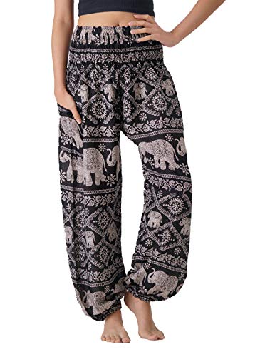 B BANGKOK PANTS Harem Pants Women Boho Clothes with Pockets (Black Elephant, 16-20 Plus)