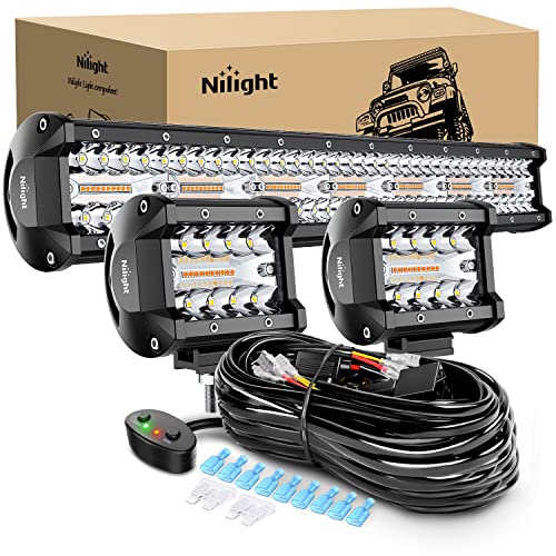 Nilight 20Inch 420W LED Light Bar 2PCS 4Inch 60W Light Pods Amber White Strobe 6 Modes Memory Function Reset Function Off Road Truck with 16AWG Wiring Harness Kit-3 Lead, 2 Years Warranty
