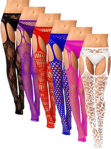 6 Pairs Women Fishnet Thigh High Stockings Suspender Pantyhose Lingerie Garter Belts Tights for Women Girls (Black, Purple, Royal Blue, Red, Rose Red, White,Medium-Large)