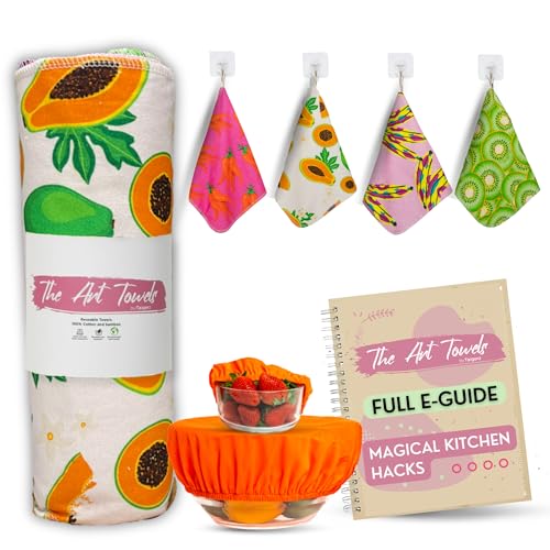 The Art Towels - Reusable Paper Towels Washable Roll Extra Large 12 pack - 2 Reusable Bowl Covers & Wall Hook Included - Papaya Reusable Paper Towels - Cloth Paper Towels - Papaya Paper Towels