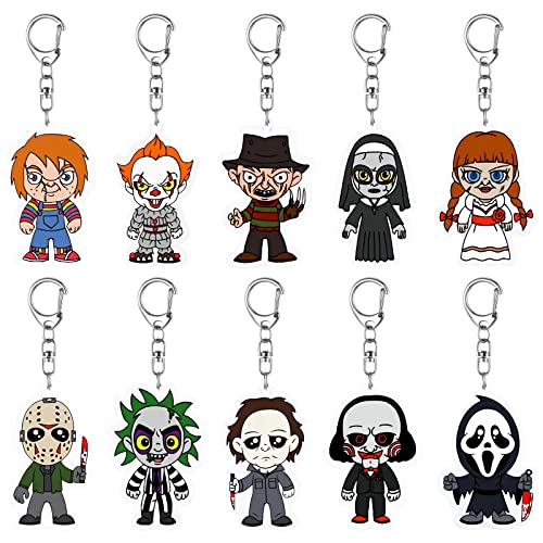 10 Packs Horror Classic Movie Characters Keychains Halloween Horror Keychains for Keys Wallets Backpack Scary Movies Figure Pendant Hanging KeyChain Decorations Horror Movie Gifts Merch for Men Women