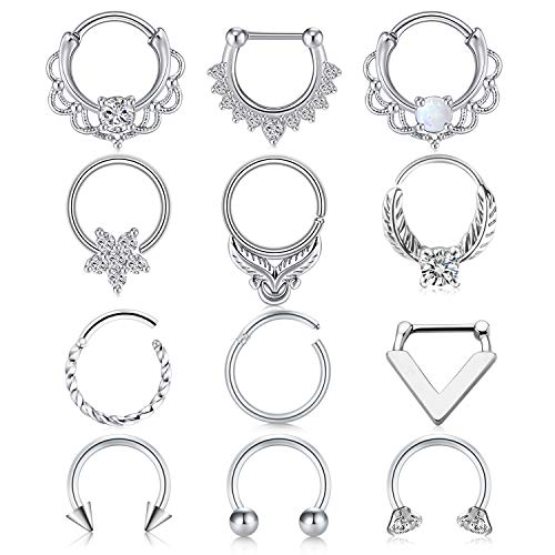 Anicina Nose Rings Septum Clicker Daith Cartilage Tragus Conch Piercing Jewelry Stainless Steel Tiny White Opal & CZ Nose Ring Hoop Piercing