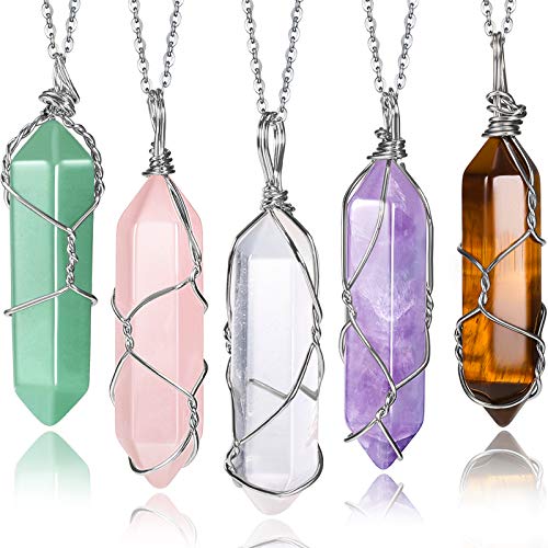 Yaomiao 5 Pieces Crystal Necklaces, Healing Stones Spiritual Pendant Natural Gemstone Jewelry with Adjustable Chain for Women Girls (Vivid Color with Silver Chain)