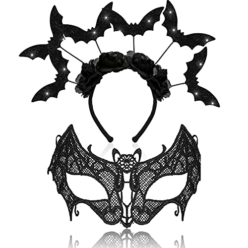 WILLBOND 2 Pieces Halloween Black Bat Headband Costume Accessory Women Masquerade Lace Eye Mask Bat Hair Hoop Veil Queen Eye Mask for Halloween Mardi Gras Cosplay Party Carnival Theme Party