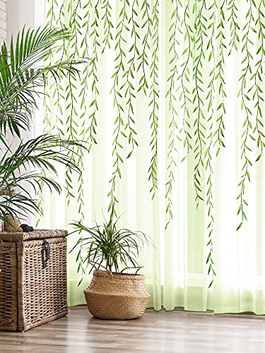 Willow Voile Curtains Cute Green Sheers Leaf Curtain Tulle Vine Window Curtains Nursery Green Sheers Ivy Pretty Curtain for Kids Living Room Bedroom Window Door Balcony (2 Pieces,39.4 x 78.7 Inch)