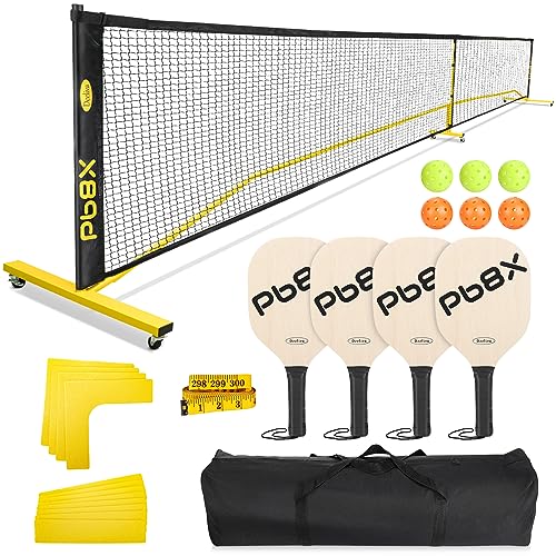 Deeliva Pickleball Set Net with Wheels Driveway Portable Outdoors Regulation Size Pickle Ball Nets System with 4 Paddles, 6 Pickle Balls, Court Line Marker, Carry Bag, Weather Resistant Metal Frame
