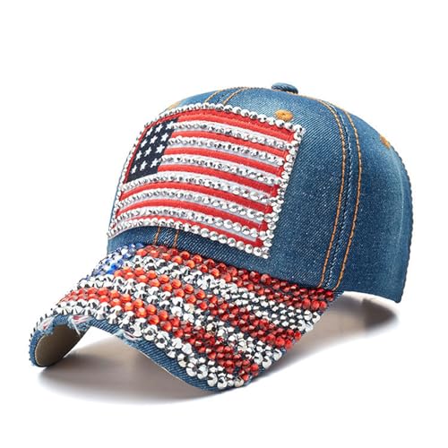 Generic Trump Hat, American Flag Hat, Rhinestone Denim Baseball Cap, Trendy Patriotic Headwear for Election Day (One Size,Blue_A8)