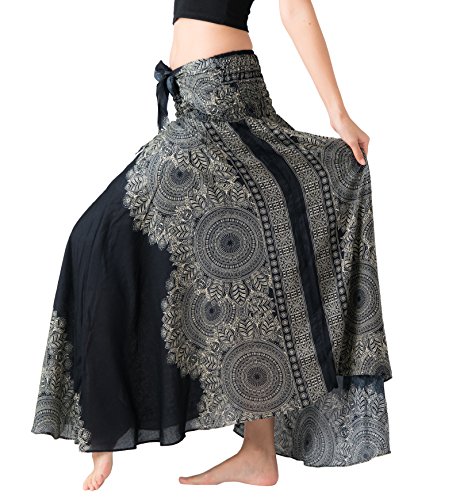 B BANGKOK PANTS Women's Boho Maxi Skirt Bohemian Print (Hippierose Black, One Size)