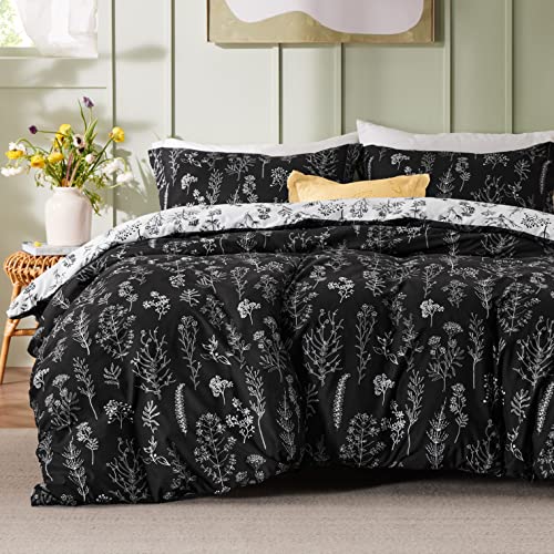 Bedsure Queen Comforter Set - Black Comforter, Cute Floral Bedding Comforter Sets, 3 Pieces, 1 Soft Reversible Botanical Flowers Comforter and 2 Pillow Shams
